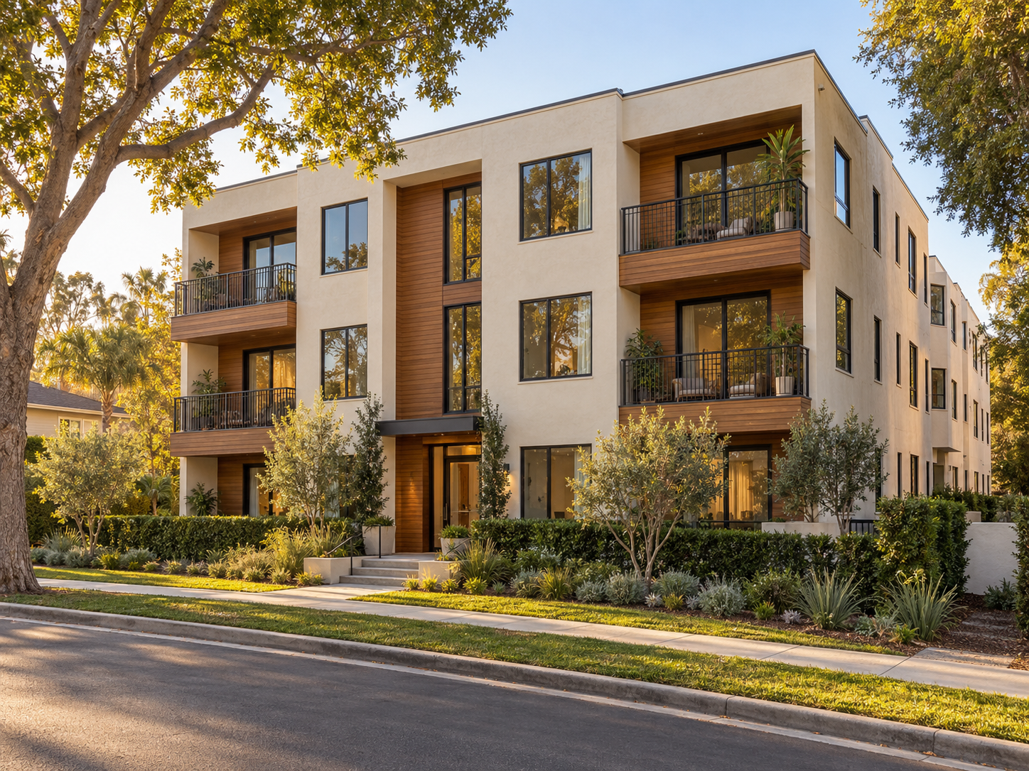 Architectural visualization of a welcoming California apartment building with landscaped grounds
